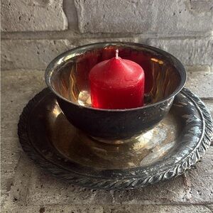 Elegant Vintage Silver Plated  Candle Holder with Red Candle